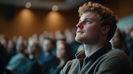 Fototapeta premium Young Caucasian Man Attentively Listening During Educational Lecture in Crowded Auditorium, Representing Learning, Focus, and Academic Engagement
