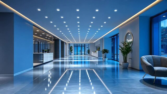 Soft lighting embedded in the gypsum ceiling panels adds warmth to the modern office space.