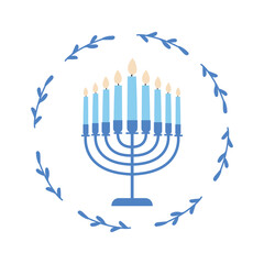 An illustration of a blue floral wreath with a menorah placed in center. Happy Hanukkah celebration.