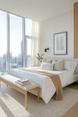 Modern bedroom with large windows showcasing city skyline and natural light