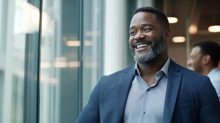 Naklejka premium Happy professional men enjoying conversation and laughter in a modern office environment