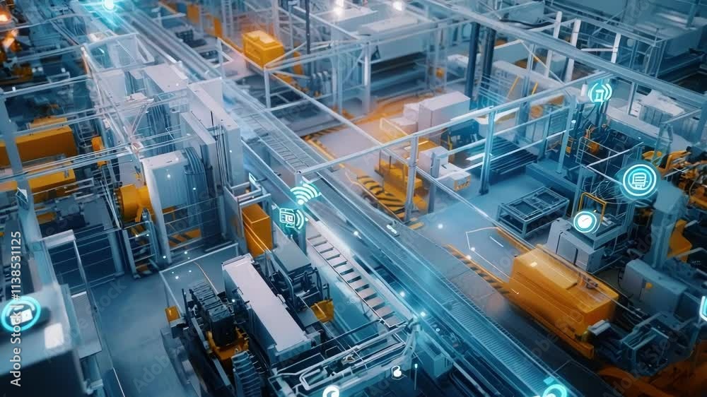 Poster sequence of frames showing a modern industrial conveyor system operating in a factory, with digital 