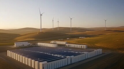 Fototapeta premium Renewable energy facility featuring solar panels and wind turbines in a rural landscape