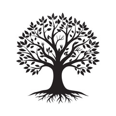 Fototapeta premium Tree with branches, leaves, and roots in black and white.