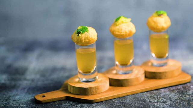 Close up of Indian street food fuchka on a glass with sour spicy water.  Pani puri a chat item in India. 4K indian street food snacks.