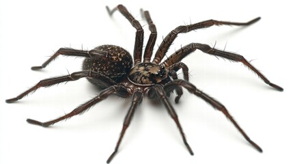 Close-up of a False Button Spider (Steatoda sp.), also known as a black cobweb spider, brown house spider, or cupboard spider, displaying its distinct features.