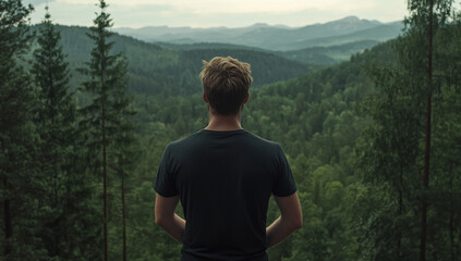 Naklejka premium A young man wearing a black t-shirt stands at the edge of a lush forest, gazing at the vast green mountains and dense trees in the distance.
