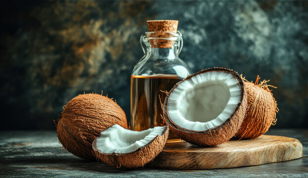 Jar of coconut oil with fresh coconut fruits on blurred background. Organic product for spa and body care. Natural oil for cooking. Generated AI