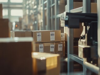 Close-up of stacked cardboard boxes with barcodes being scanned by automated systems in a modern logistics warehouse with natural ligh