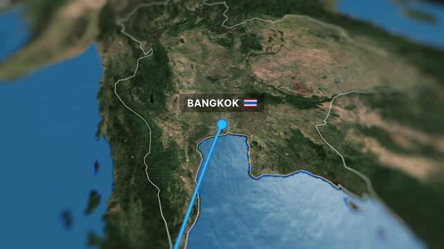 Vibrant 3D animated map illustrating a flight route from Phuket to Bangkok. Perfect for travel videos, tourism content, and corporate presentations.