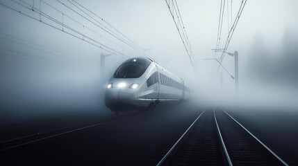 Fototapeta premium A high-speed train gliding through fog on a tranquil morning, with only the train silhouette visible as it passes through the misty environment
