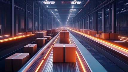 Dynamic shot of a modern eCommerce facility with multiple conveyor belts transporting packages, robotic systems operating seamlessly