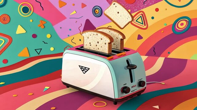 Funky Patterns A vibrant abstract background adorned with geometric shapes and swirling colors. In this colorful chaos toasters flit about as if dancing playfully navigating their