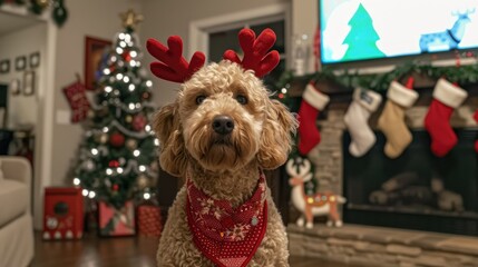 an adorable goldendoodle wearing reindeer antlers and a red bandana