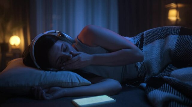 A Portrait of a Young Attractive Woman Lying in Bed at Night, Looking at her Phone and Unable to Fall Asleep. Insomnia, Nomophobia, Sleep Disorder Concept