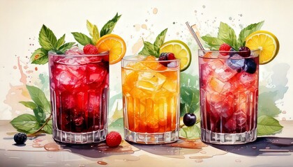 Illustration of artisanal cocktails with fruit garnishes and watercolor ice cubes isolated on white background with copy space