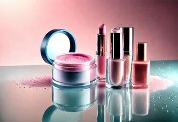 A beautifully arranged collection of essential makeup items, featuring lipsticks, blushes, and more, perfect for promotional content and product listings.