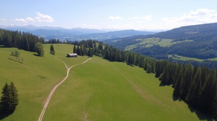 Fototapeta premium Serene Aerial View of Green Pasture Surrounded by Forested Hills and Mountains