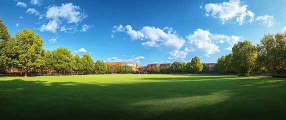 Naklejka premium Expansive green field with clear sky and sunlight behind trees near school building