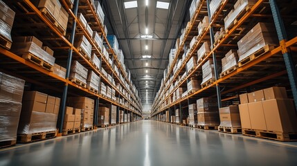 Industrial logistics warehouse with automated systems scanning and sorting eCommerce packages, with natural light streaming through skylights
