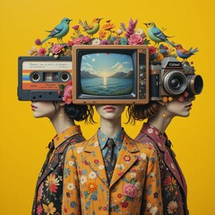 A surreal blend of vintage cameras and nature-inspired headpieces creates a striking visual narrative Generative AI