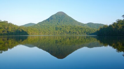 Serene Landscape with Mountain Reflection in Calm Lake at Dawn