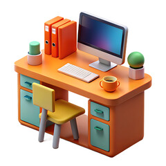 3D render, stylized office desk, orange color, minimalist design, computer monitor with teal frame, colorful books
