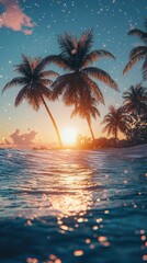 Serene Tropical Sunset with Silhouetted Palm Trees and Gentle Ocean Waves Under a Starry Sky, Evoking Tranquility and Natural Beauty in a Tropical Paradise