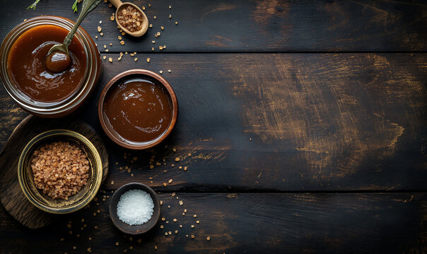 Different types of sugar on a dark wooden background. Regular white and cane sugar in bulk and in bowls. Sugar granules.