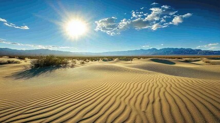 Fototapeta premium Breathtaking Desert Landscape with Sunlight Glimmering Over Golden Sand Dunes and Dramatic Blue Sky for Nature and Travel Enthusiasts