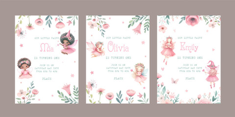 Watercolor Illustration set of Cute Fairy and flowers.