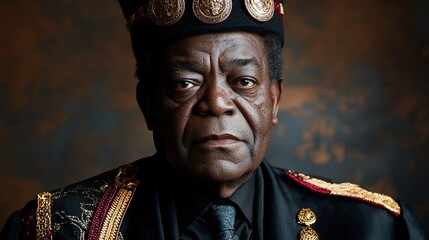 Portrait of a dignified senior man in ceremonial robes.