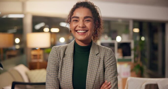 Night, happy woman and face in office with confidence, career development and pride for project deadline. Journalist, smile or arms crossed in dark agency for growth, about us or commitment in Brazil