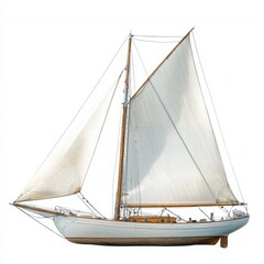 Obraz premium A classic sailboat with a single mast and white sails fully extended on a white background 