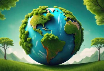 A globe of Earth where all the continents are shown with ocean and this big globe is placed on plain ground. Illustration of nature in the form of a spherical globe of Earth