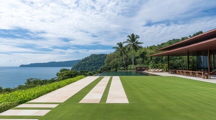 Obraz premium Modern Coastal Villa with Infinity Pool Overlooking Tropical Landscape