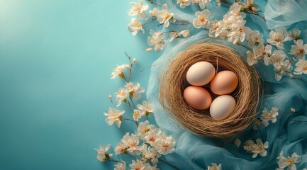 Nest with colored eggs surrounded by flowers on a blue background for spring celebration