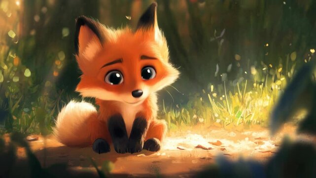 Cartoon fox is sitting on the ground. The fox is smiling and has its eyes closed. The background is green and has some grass