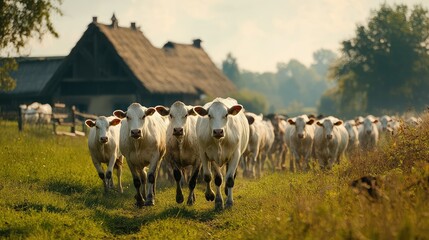 Fototapeta premium Herd of White Cows Walking on a Green Pasture with Rustic Barn in Background Under Clear Blue Sky in Peaceful Countryside Landscape