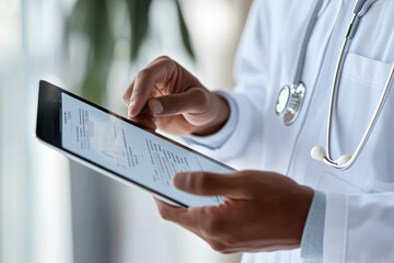 Doctor using tablet to access patient records in a bright and modern medical office during a consultation. Generative AI