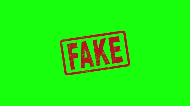 Deep fake hoax stamp and hand stamping impact isolated animation. Fake news ai manipulation symbol 3D concept. Alpha matte channel.