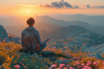 Journey into serenity: a traveler embraces nature at sunset with blooming wildflowers. Generative AI