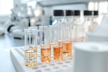 Test tubes containing orange liquid are arranged in laboratory for scientific analysis and experimentation during daytime. Generative AI