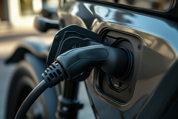 Close-up of EV charging connector on modern electric bike, sleek design