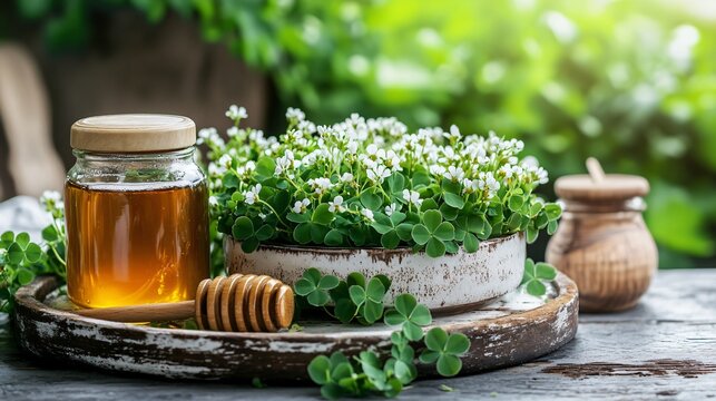An arrangement of fresh clover plants on a chipped ceramic tray, with rustic jars of honey and tea nearby