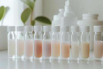 Colorful laboratory test tubes filled with liquids displayed on a white surface under natural sunlight in a scientific workspace. Generative AI