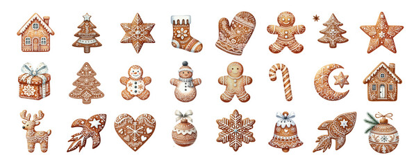 Set of watercolor Christmas Gingerbread cookies. Cute winter homemade sweets in festive shapes isolated on white background.