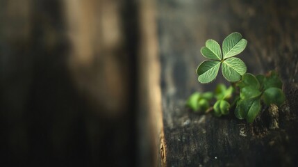 Close up of a four-leaf clover in soft focus, with a blurred rustic wooden background