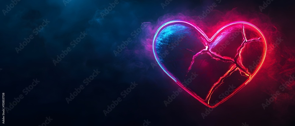 Poster glowing neon heart with cracks on a dark background creating a symbol of emotion, love, and heartbre
