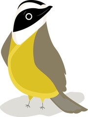 The bird is a yellow tit with a black crest. A feathered animal that lives in nests. Vector stock illustration. Fauna. White background. Isolated